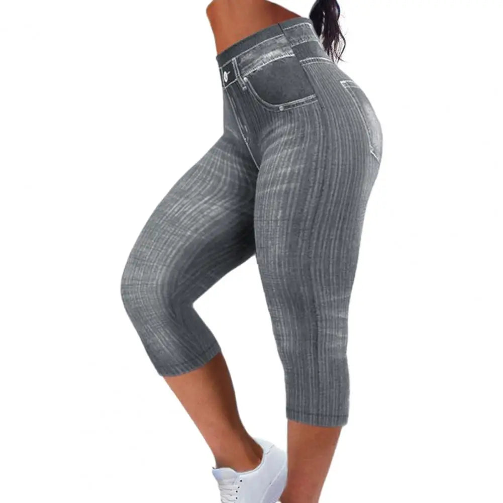 Women Cropped Pants Stretch Fitness Fake Pockets High Waist Butt-Lifted Faux Denim Jeans Soft Casual Thin Pencil Pants