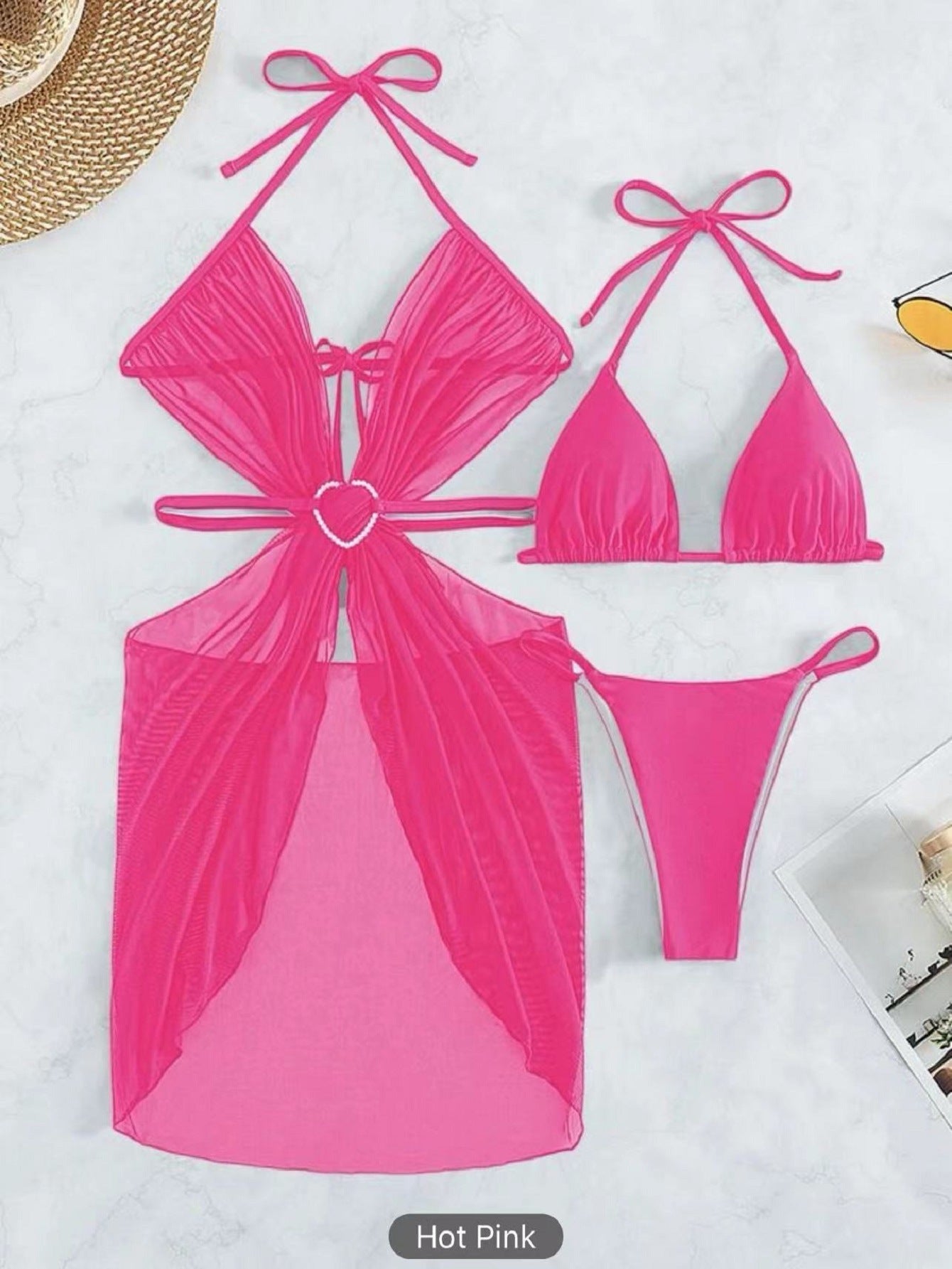 3Pcs Halter Neck Bikini Beach Summer Solid Color Split Swimsuit Womens Clothing