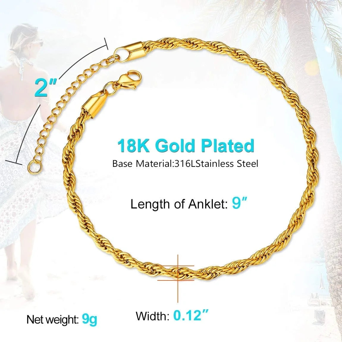 18K Gold Plated Anklets for Women Summer Jewelry Rope Ankle Chain Bracelets