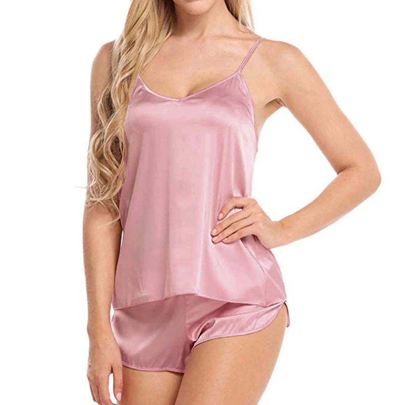 Women Sexy Ice Silky Pajamas Nightclothes Sleepwear Camisole and Shorts White Black Gray L XL XXL Comfortable Casual Summer