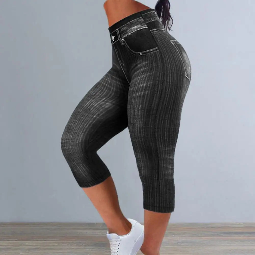 Women Cropped Pants Stretch Fitness Fake Pockets High Waist Butt-Lifted Faux Denim Jeans Soft Casual Thin Pencil Pants