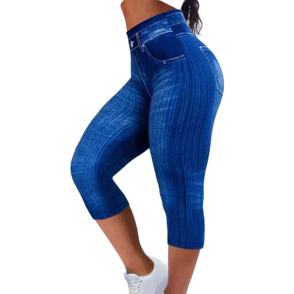 Women Cropped Pants Stretch Fitness Fake Pockets High Waist Butt-Lifted Faux Denim Jeans Soft Casual Thin Pencil Pants