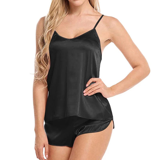 Women Sexy Ice Silky Pajamas Nightclothes Sleepwear Camisole and Shorts White Black Gray L XL XXL Comfortable Casual Summer