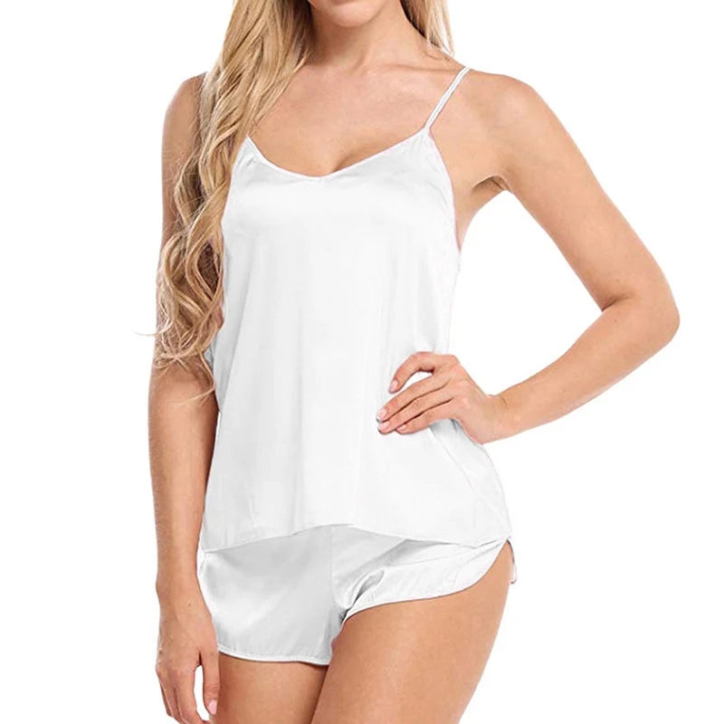 Women Sexy Ice Silky Pajamas Nightclothes Sleepwear Camisole and Shorts White Black Gray L XL XXL Comfortable Casual Summer