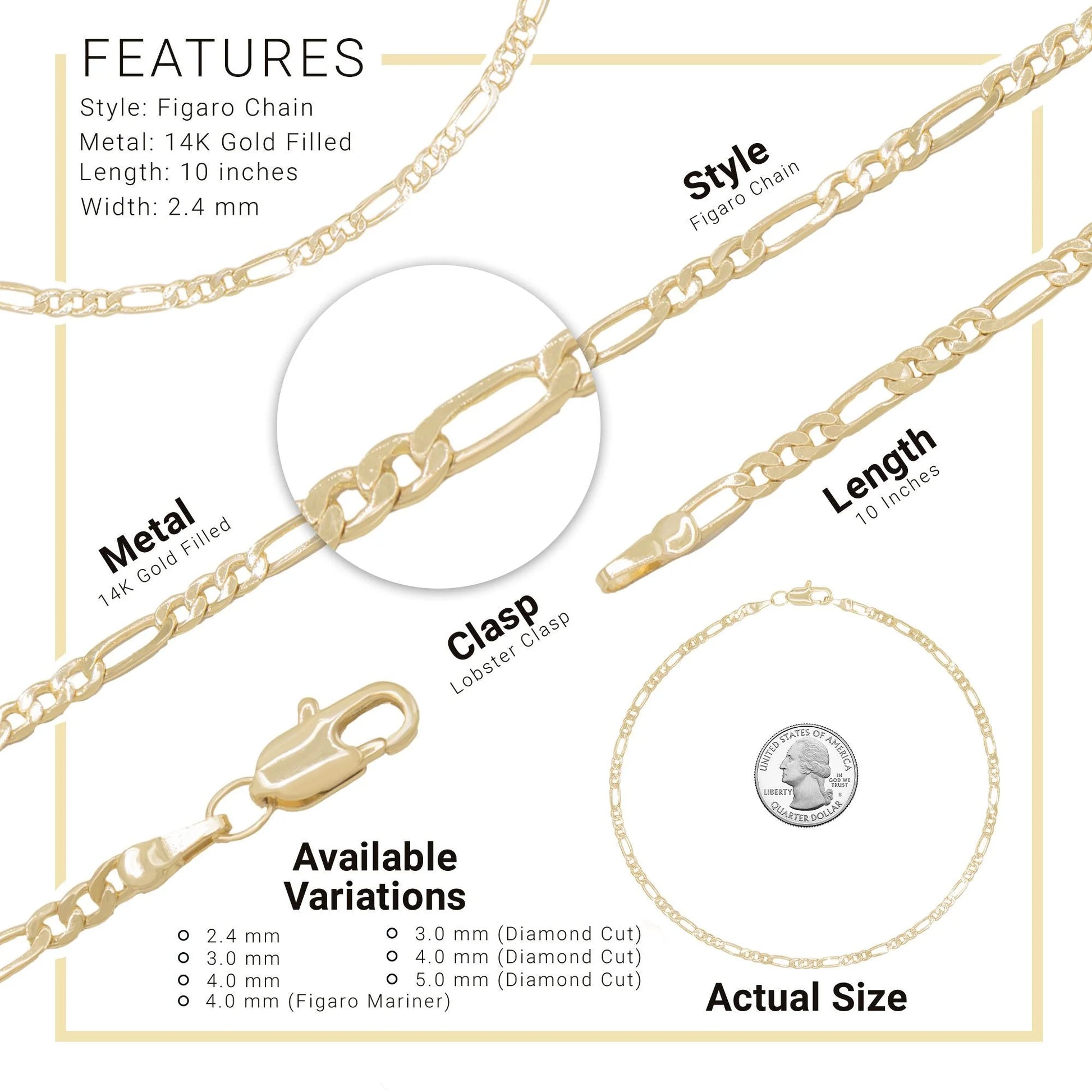 Figaro Chain Anklet 14K Gold Filled Ankle Bracelet 10" Foot Jewelry Women 2.4 Mm