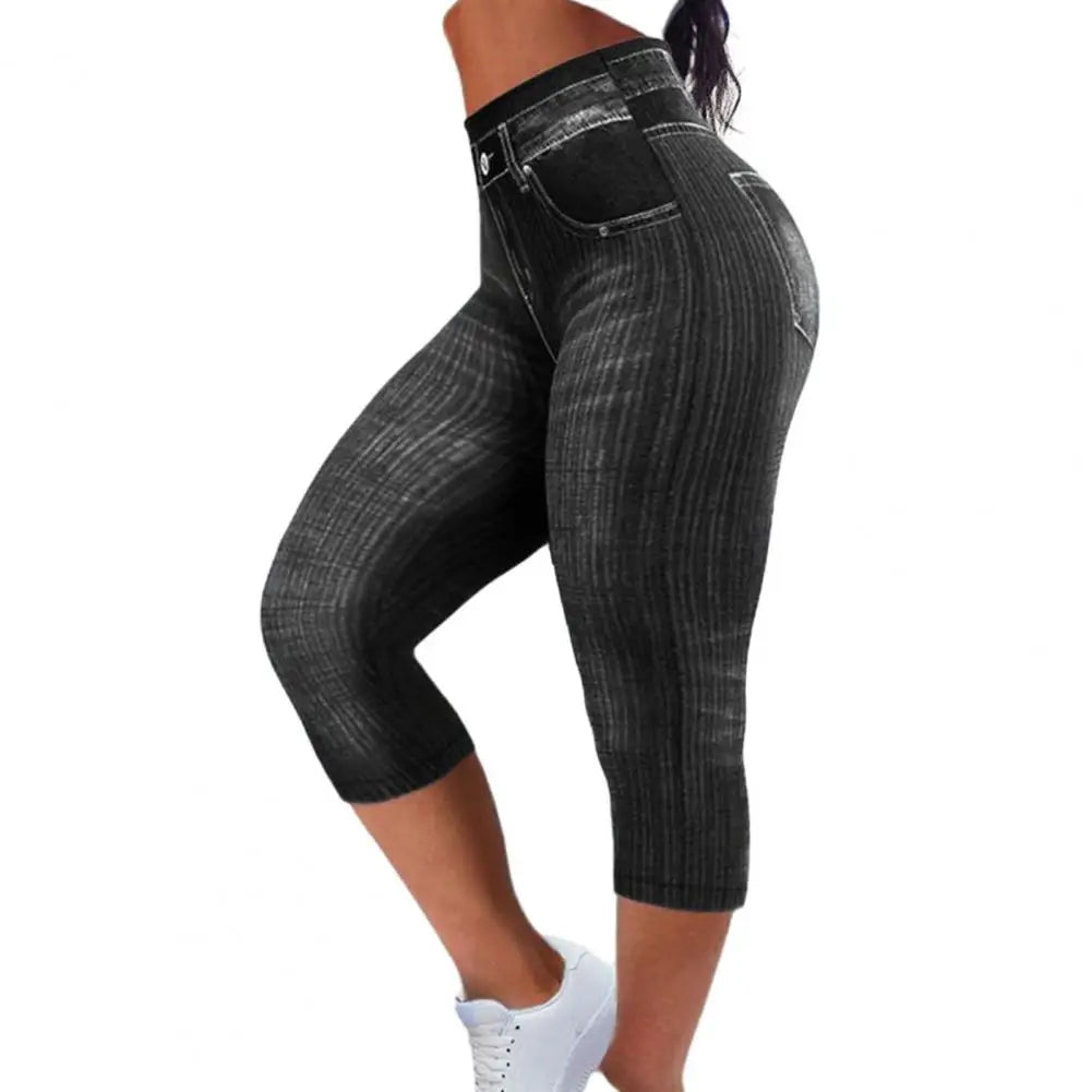 Women Cropped Pants Stretch Fitness Fake Pockets High Waist Butt-Lifted Faux Denim Jeans Soft Casual Thin Pencil Pants