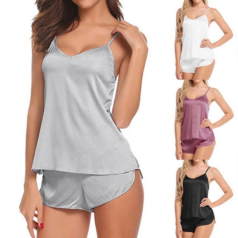 Women Sexy Ice Silky Pajamas Nightclothes Sleepwear Camisole and Shorts White Black Gray L XL XXL Comfortable Casual Summer