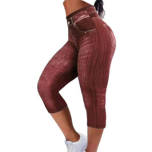 Women Cropped Pants Stretch Fitness Fake Pockets High Waist Butt-Lifted Faux Denim Jeans Soft Casual Thin Pencil Pants