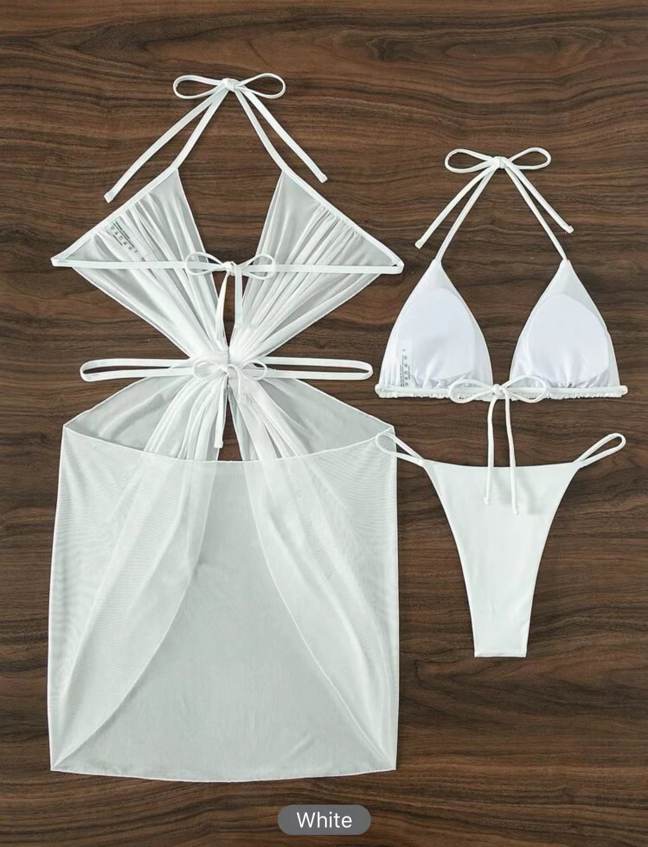 3Pcs Halter Neck Bikini Beach Summer Solid Color Split Swimsuit Womens Clothing